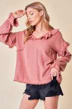 Brick Frayed Ruffle Blouse