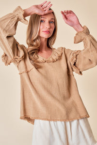 Sand Frayed Ruffle Blouse