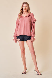 Brick Frayed Ruffle Blouse