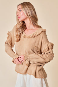 Sand Frayed Ruffle Blouse