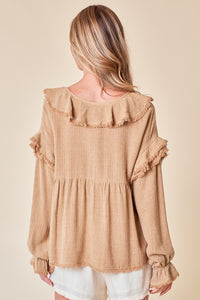 Sand Frayed Ruffle Blouse