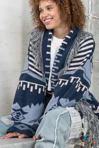 Indigo Blue Aztec pattern fringe chenille cardigan sweater
