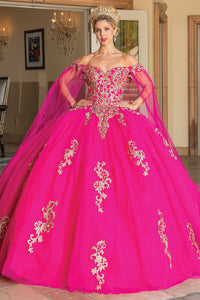 Fuchsia Off Shoulder Cape Sleeve Ball Gown