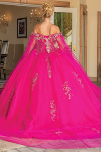 Fuchsia Off Shoulder Cape Sleeve Ball Gown