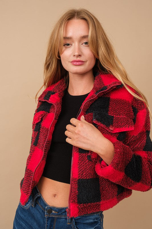 Red Flannel Sherpa Zip Up Jacket Aquarius Brand