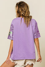 Lavender Fleur De Lis Patches Short Sleeve Sheer Sequin Top