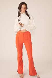 Spicy Orange Center-Leg Seam Detailed Side Slit Flare Pants