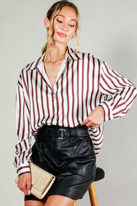 Brown Long Sleeve Button Down Striped Satin Shirt