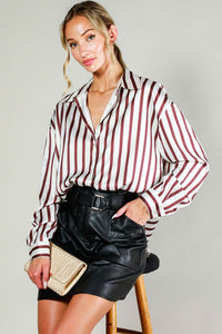 Brown Long Sleeve Button Down Striped Satin Shirt