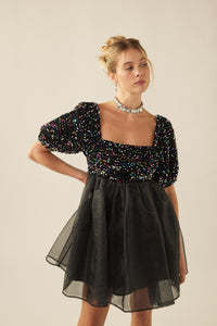 Black Floral Pleated Dress - Babydoll Mini Dress - Organza Dress