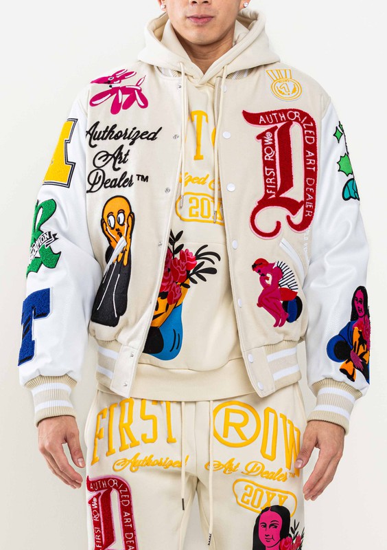 Cream Art Dealer Graphic Varsity Jacket