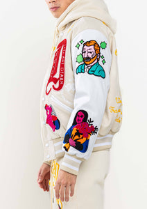 Cream Art Dealer Graphic Varsity Jacket