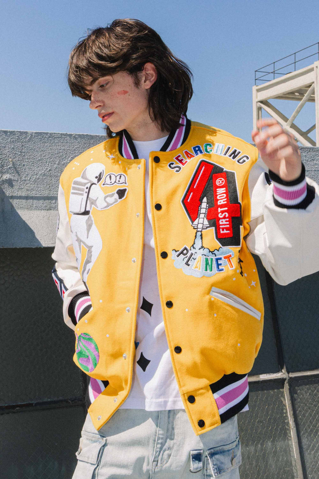 Yellow Searching Planet B Varsity Jacket