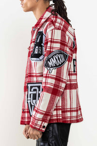 Red Muti Patches Wool Check Padding Shacket