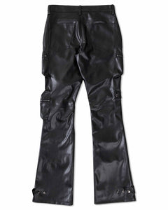 Black Premium Leather Multi Cargo Stacked Pants