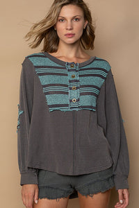 Iron Grey Contrast Striped Panel Button Placket Knit Top