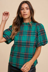 Green Combo Plaid Ruffle Mock Neck Bubble Sleeve Blouse