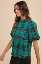 Green Combo Plaid Ruffle Mock Neck Bubble Sleeve Blouse