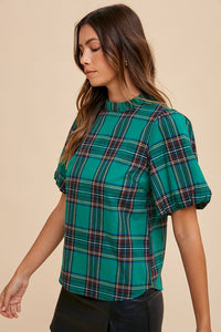 Green Combo Plaid Ruffle Mock Neck Bubble Sleeve Blouse