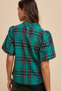 Green Combo Plaid Ruffle Mock Neck Bubble Sleeve Blouse