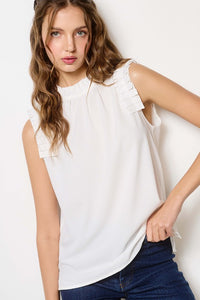 White Ruffled Neck Sleeveless Top