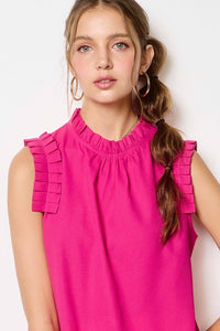 Fuchsia Ruffled Neck Sleeveless Top