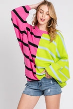 Pink/Lime Stripe Colorblock Bubble Sleeve Sweater