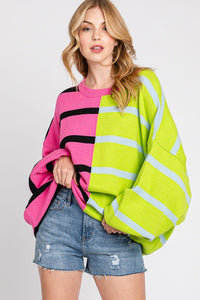 Pink/Lime Stripe Colorblock Bubble Sleeve Sweater