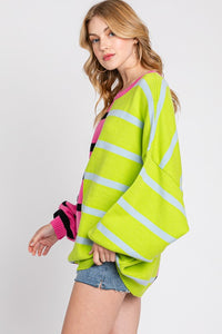 Pink/Lime Stripe Colorblock Bubble Sleeve Sweater