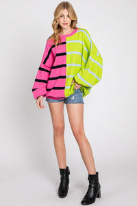 Pink/Lime Stripe Colorblock Bubble Sleeve Sweater