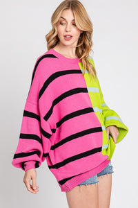 Pink/Lime Stripe Colorblock Bubble Sleeve Sweater