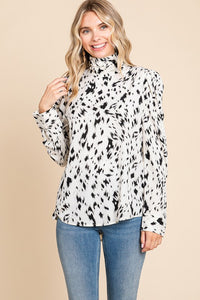 Cream Leopard Print Long Sleeve Cowl Neck Shirts Blouses