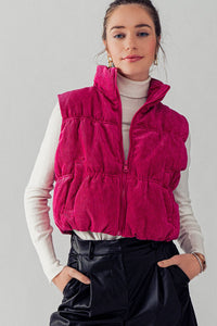 Fuchsia Stand Collar Cropped Corduroy Puffer Vest