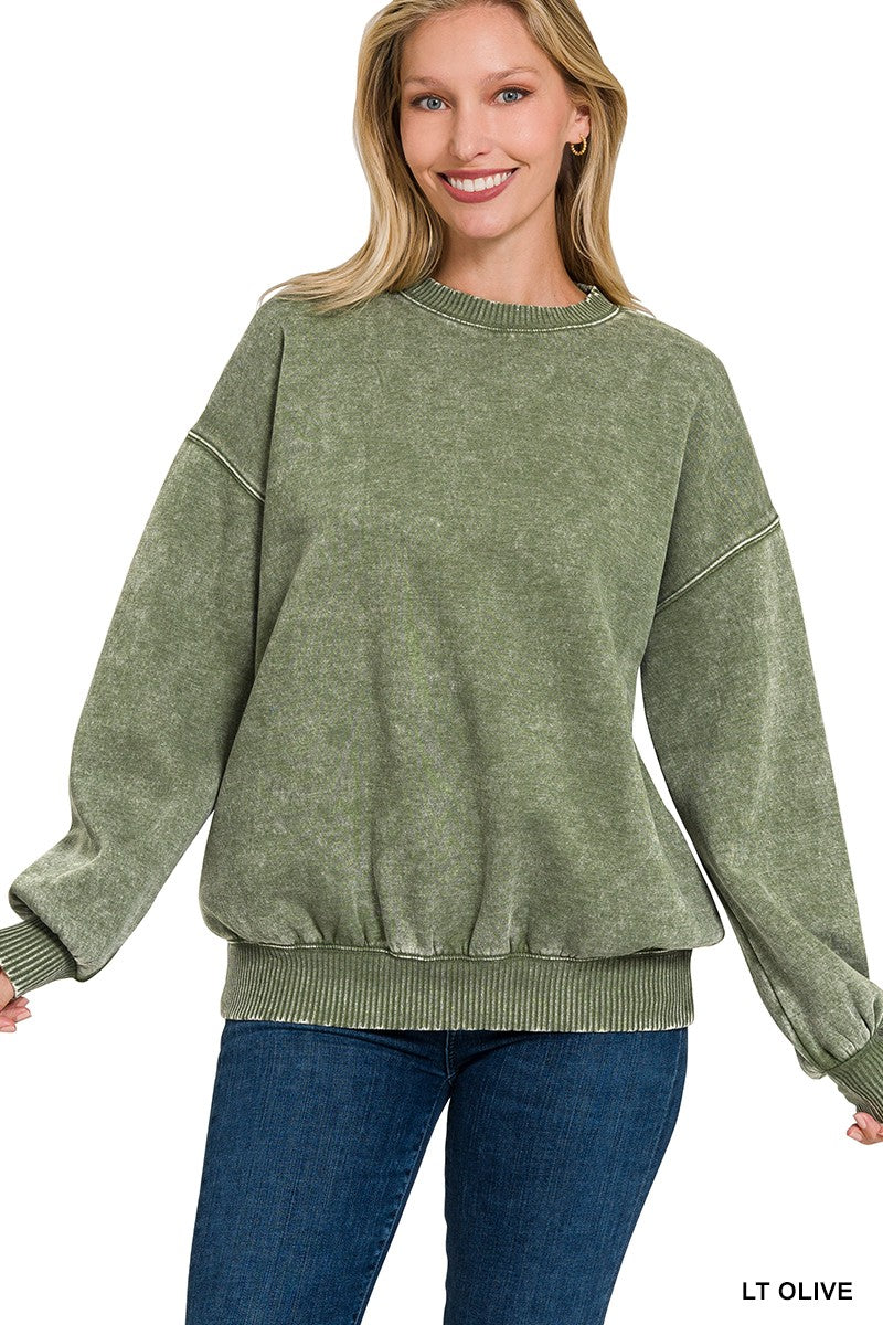 Olive Acid Wash Fleece Oversized Pullover