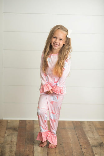 Kids Pink Bunny Print Lounge Sleep Two Piece Set