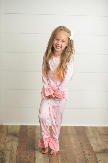 Kids Pink Bunny Print Lounge Sleep Two Piece Set