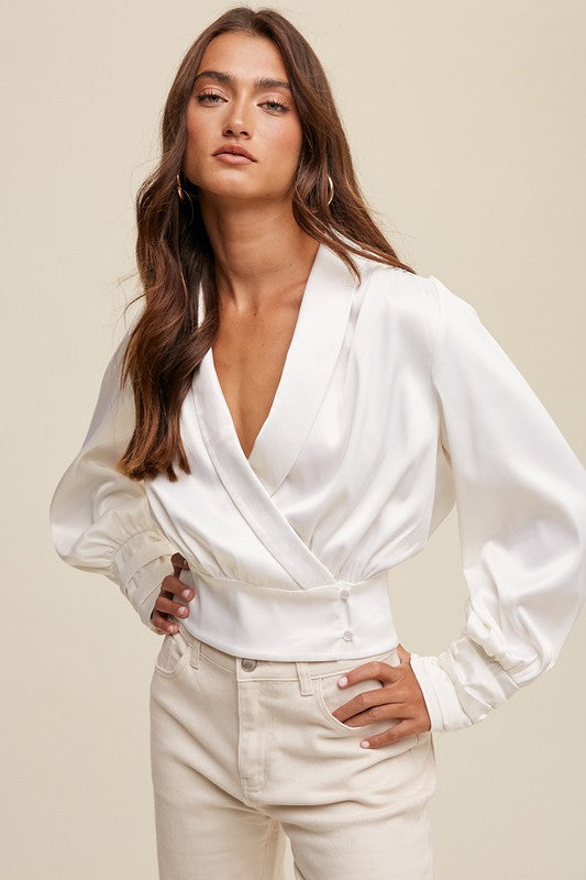 Cream Wrap Style Satin Blouse Top