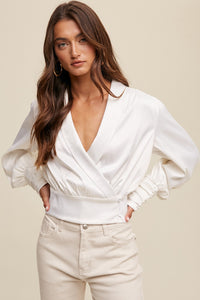 Cream Wrap Style Satin Blouse Top