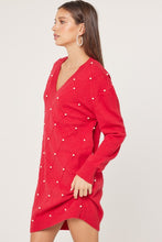 Red V-Neck Cross Pattern Pearl Detail Sweater Dress