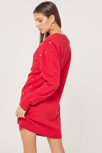 Red V-Neck Cross Pattern Pearl Detail Sweater Dress