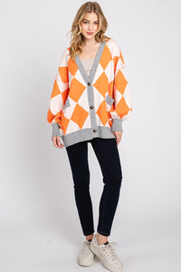 Orange/White Argyle Print Cardigan Sweater