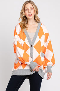 Orange/White Argyle Print Cardigan Sweater