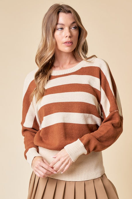 Camel/Cream Striped Oversize Sweater Top