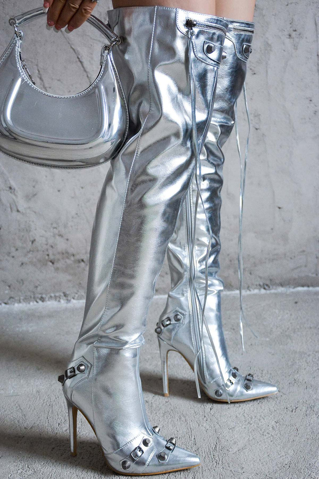 Silver Women Pointy Toe Stiletto Thigh High Boots