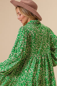 Green/Cream Woven Printed Dress With Side Pocket