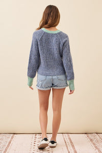 Blue Knit Raglan Sleeve Cardigan With Contrast