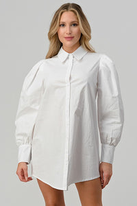 White Poplin Puff Long Sleeve Tunic Shirt Dress