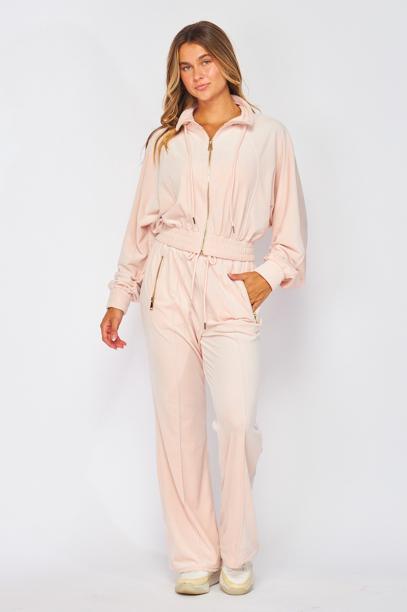 Dusty Pink Velour Funnel Neck Jacket Zip Up Pants Set