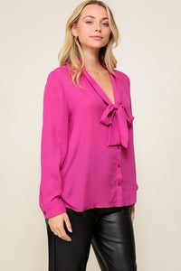 Magenta Long Sleeve Button Down V-Neck Front Tie Blouse