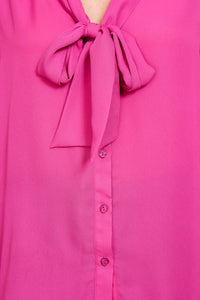 Magenta Long Sleeve Button Down V-Neck Front Tie Blouse